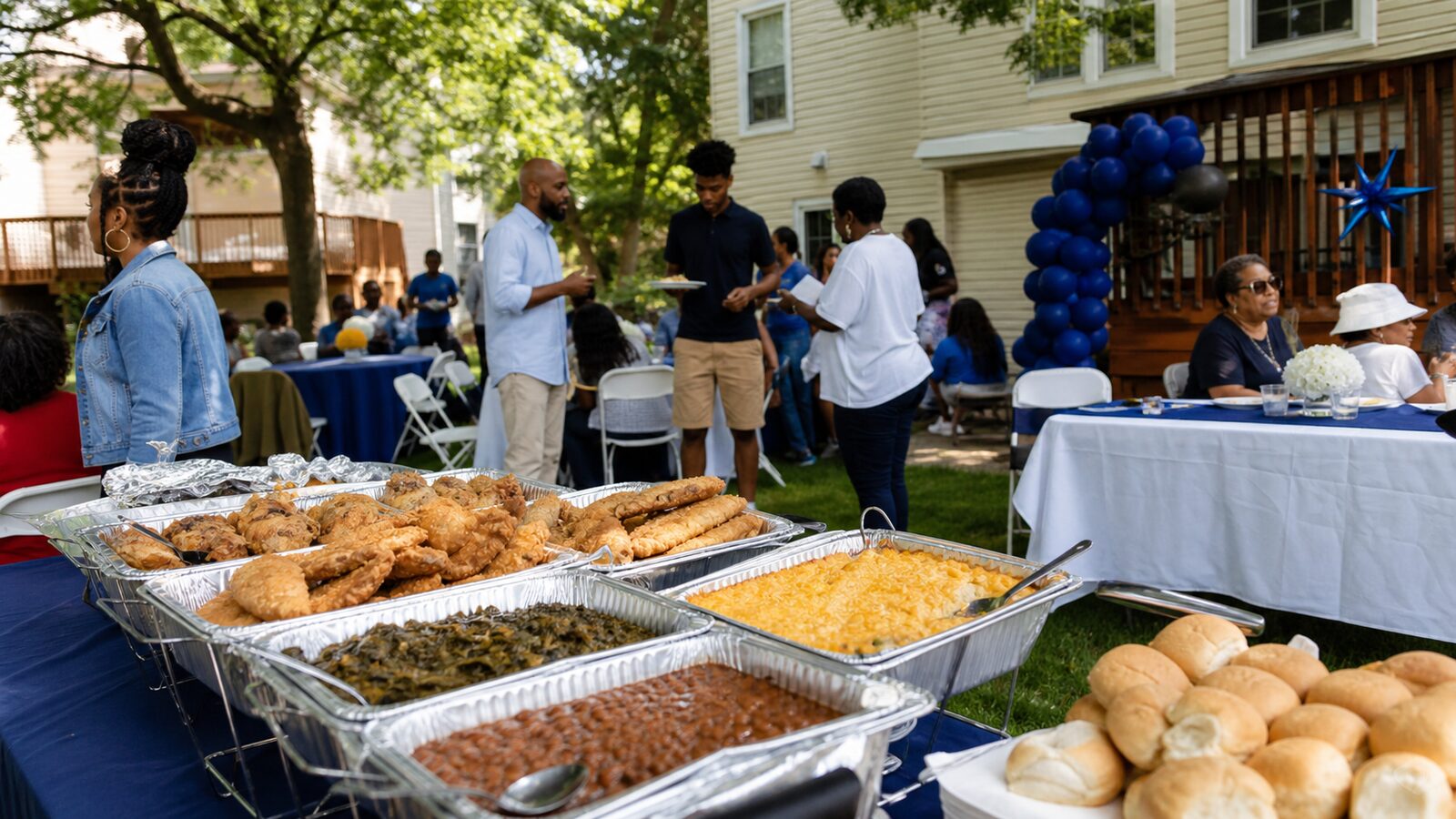 Backyard gathering in Maryland with guests around tables in blue and white linens and a soul food buffet in the foreground