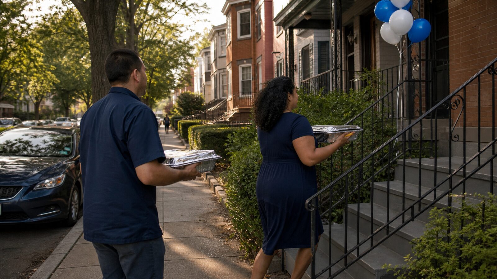 Two people carrying catering trays up the steps of a Washington DC row house decorated with blue and white balloons