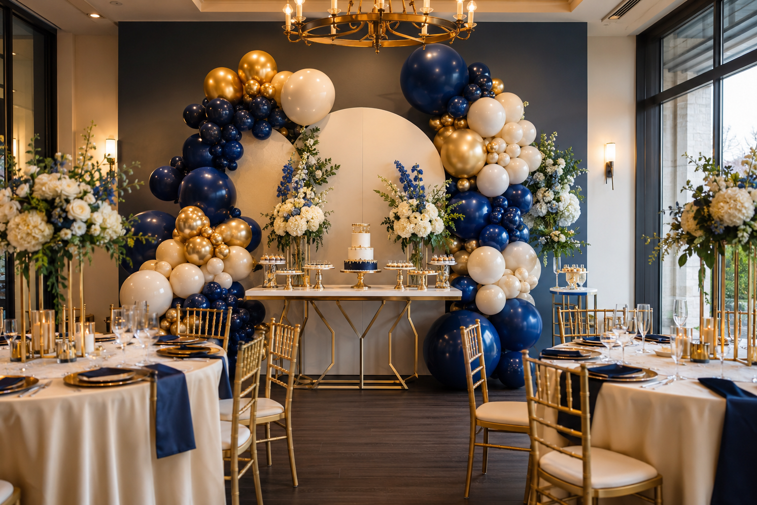 Royal blue, white and gold event styling with balloon décor and a styled tablescape