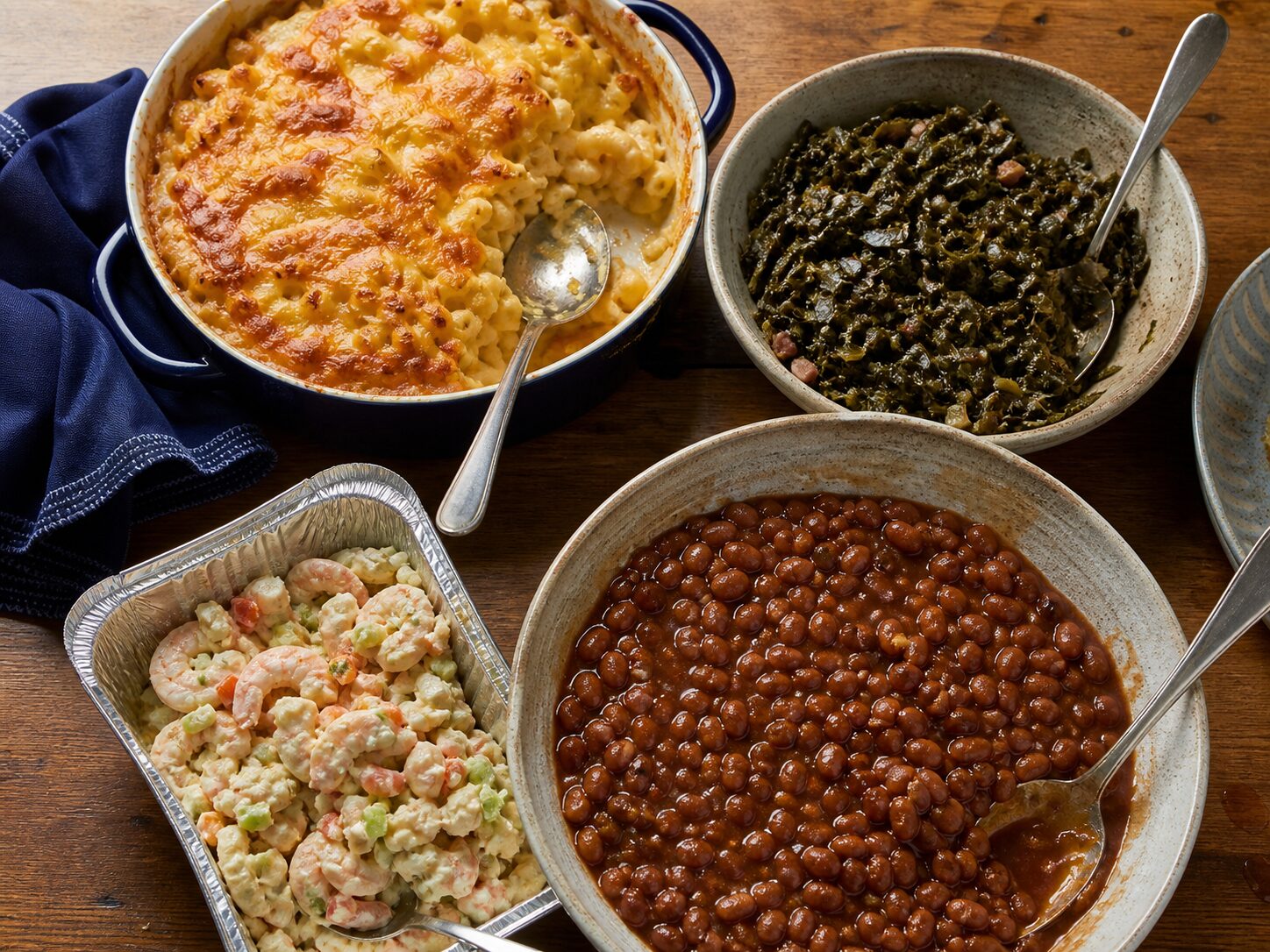 Bowls of macaroni and cheese, collard greens, baked beans and shrimp salad on a wooden table