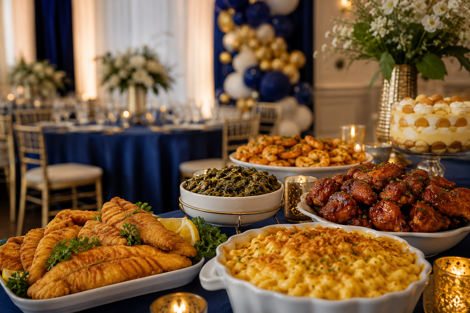 Styled celebration table with blue and white décor set for guests