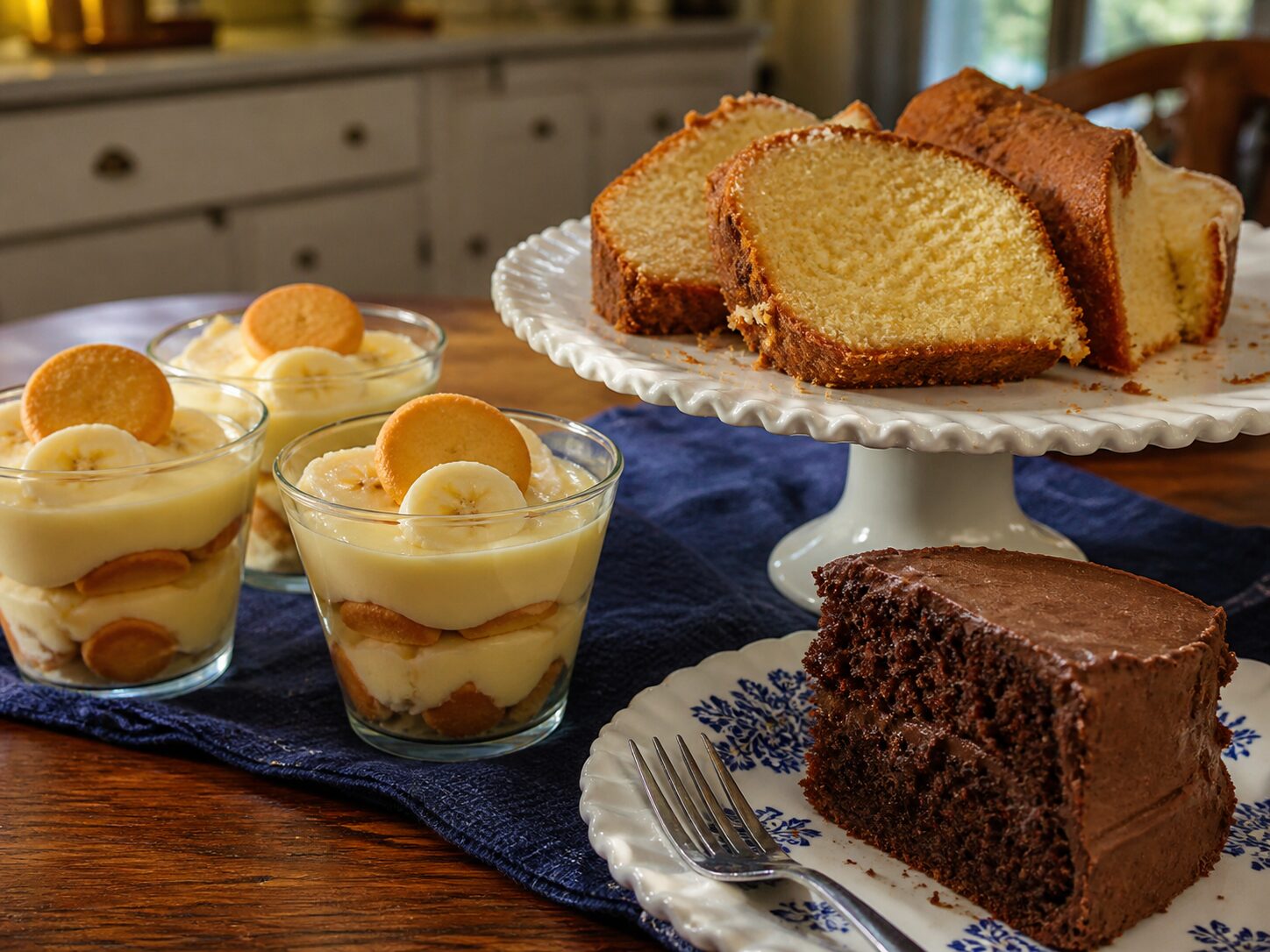 Cups of banana pudding topped with vanilla wafers, slices of pound cake on a stand and a slice of chocolate cake