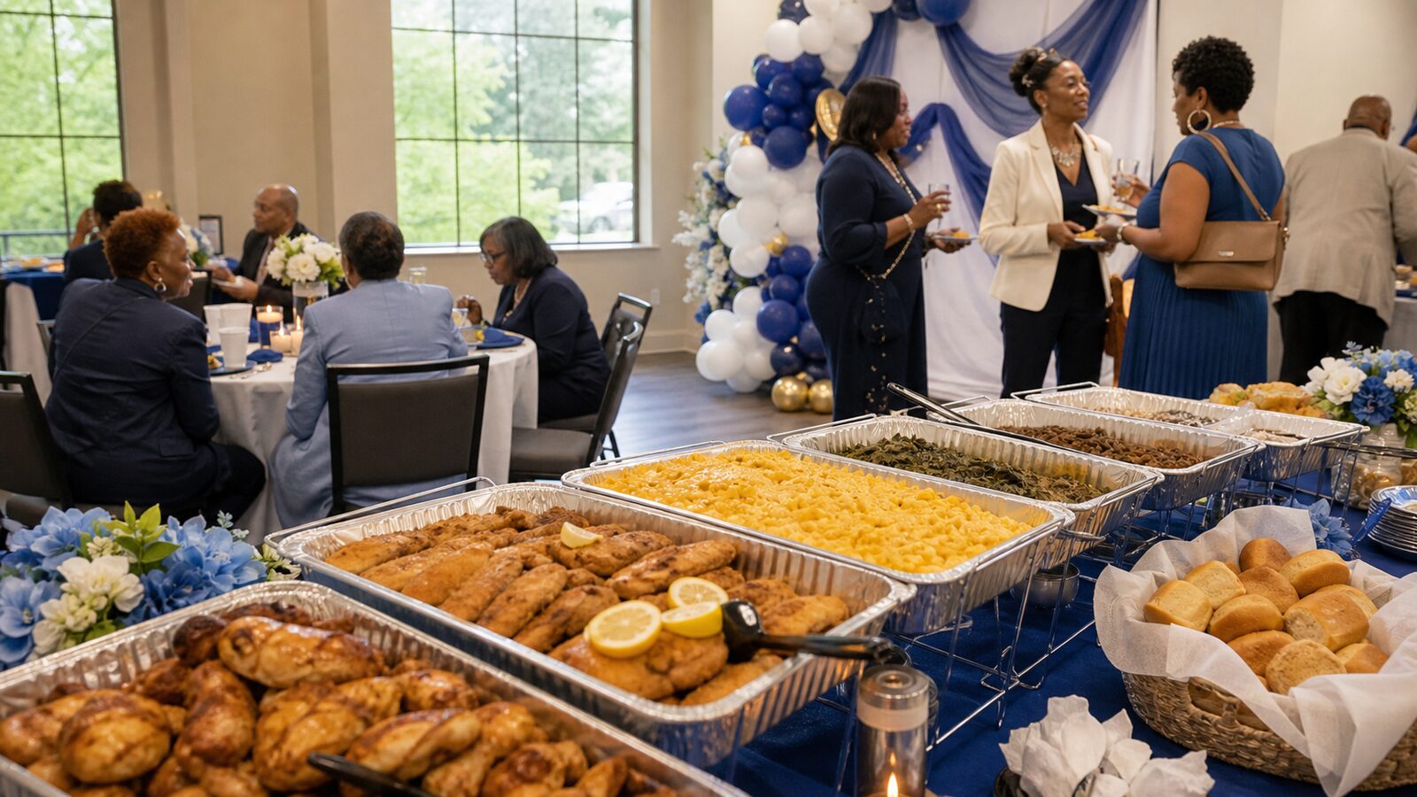 Northern Virginia event space with guests at round tables and a buffet of fried chicken, macaroni and cheese and greens in the foreground